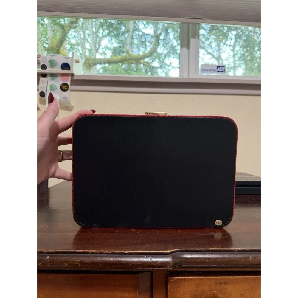 Vintage Red Jewelry Flat Box With Key & Inside Mirror
